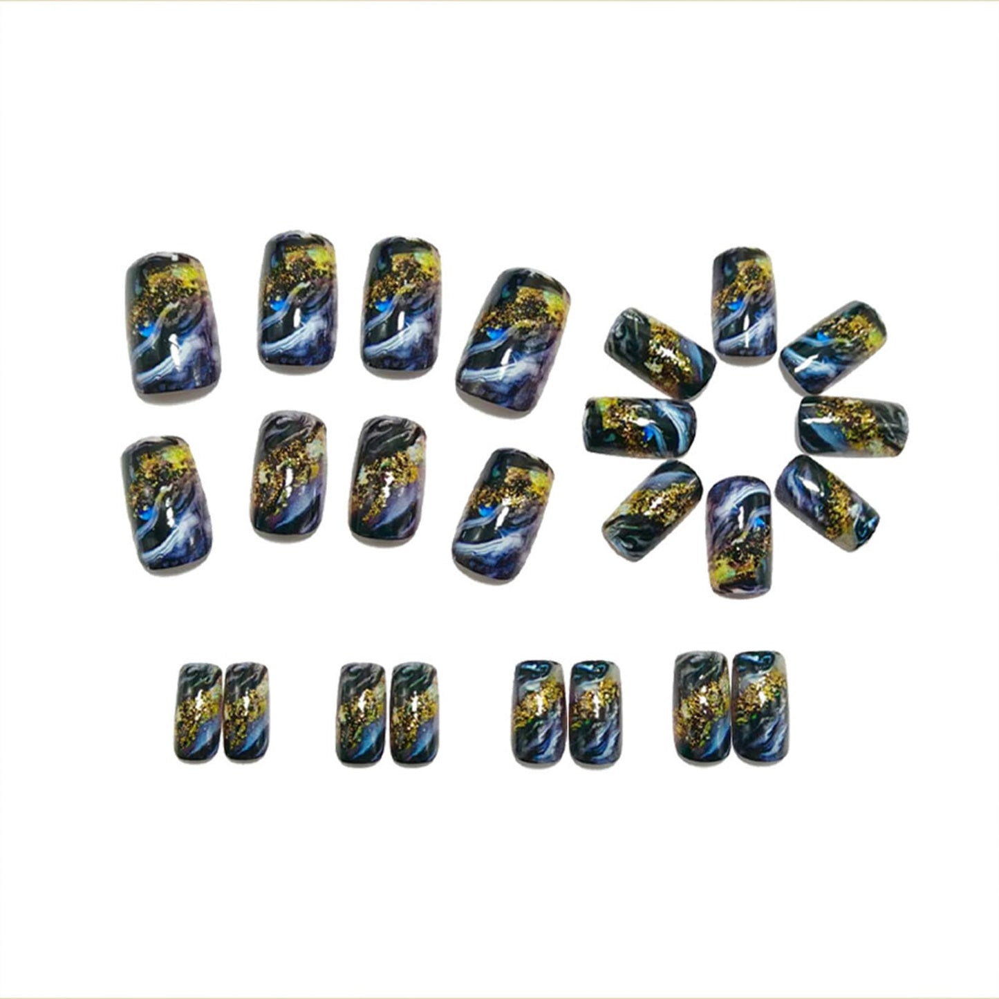 SINHOT Square Press on Nails - Short Fake Nails, Glossy Finish, Ink Style & Gold Leaf, DIY Artificial False Nail Art - 24 Pcs Nail Kit with Glue