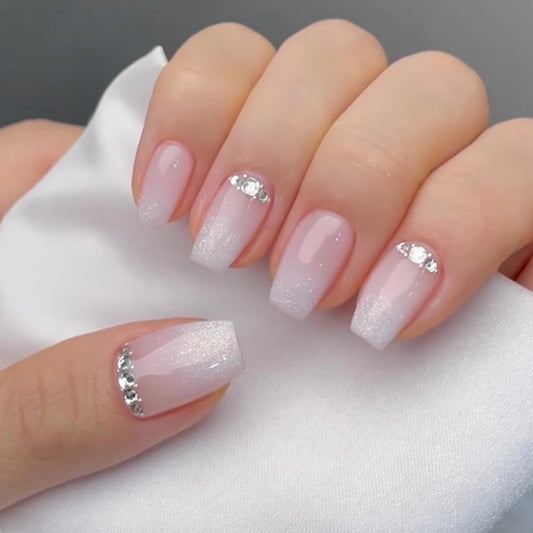 MISUD Press on Nails - Medium Coffin Fake Nails with Nude White Ombre, Acrylic Bling Glitter Rhinestone Design 24 pcs