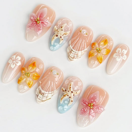 30Pcs Pink Flower Press on Nails Medium Almond Fake Nails 3D Floral with Gold Beads Design Polka Dot French Tip False Nails Cute Kawaii Stick on Nail Reusable Spring Summer Press Ons for Women Acrylic