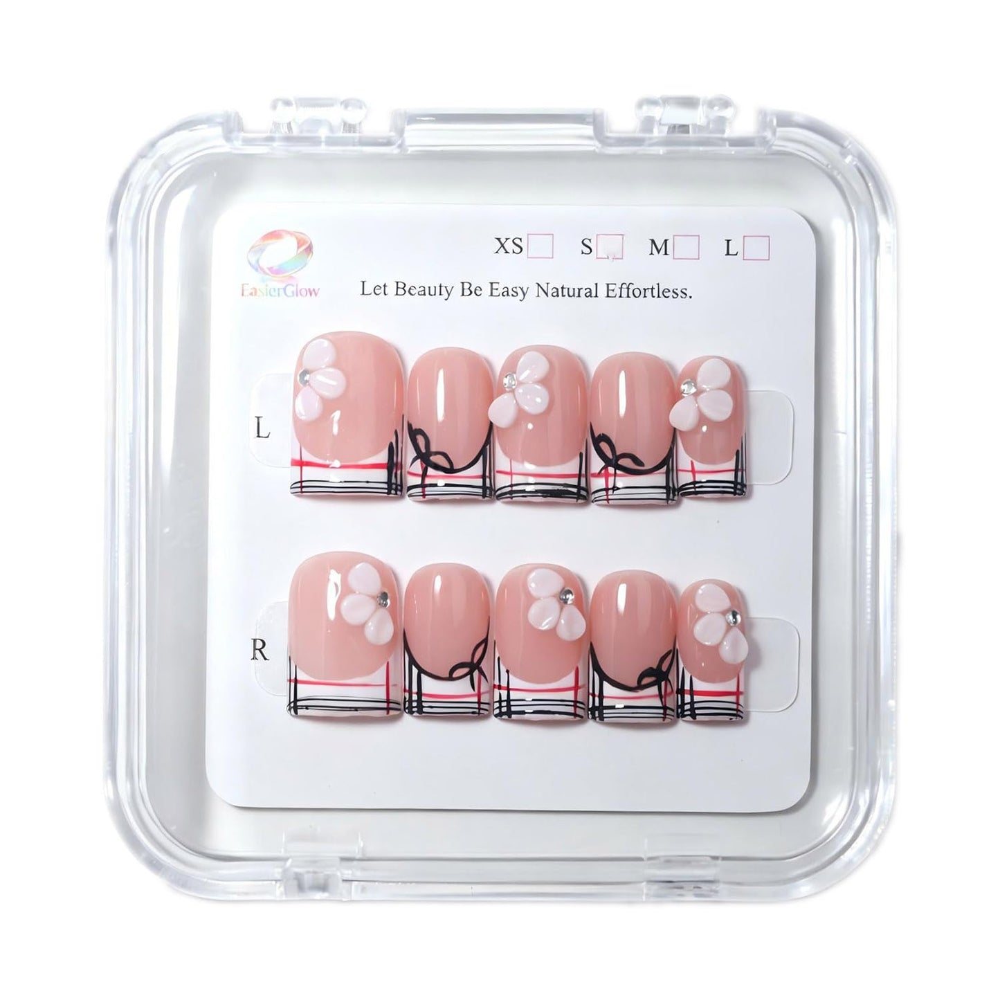 EasierGlow 10Pcs Handmade Short Square Press On Nails | Easy Apply & Remove, Reusable Salon Quality Nails | Nude Press Ons with Plaid French Tips, Hand-Drawn Bows & 3D Flower Accents (Y215, S)