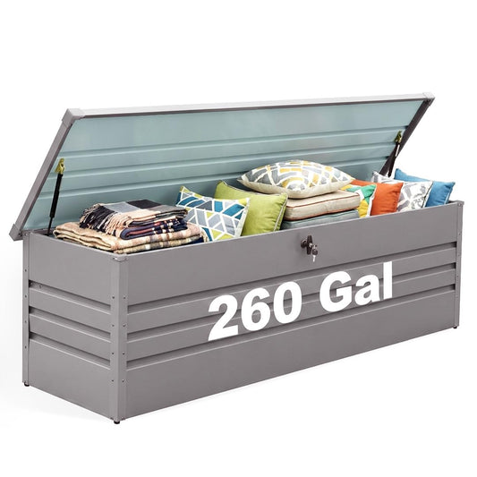 Zolyndo 260 Gallon Metal Deck Box, Extra Large Metal Patio Outdoor Storage Box with Lockable Lid, Waterproof Garden Storage for Cushions Pool Accessories Tools Light Gray