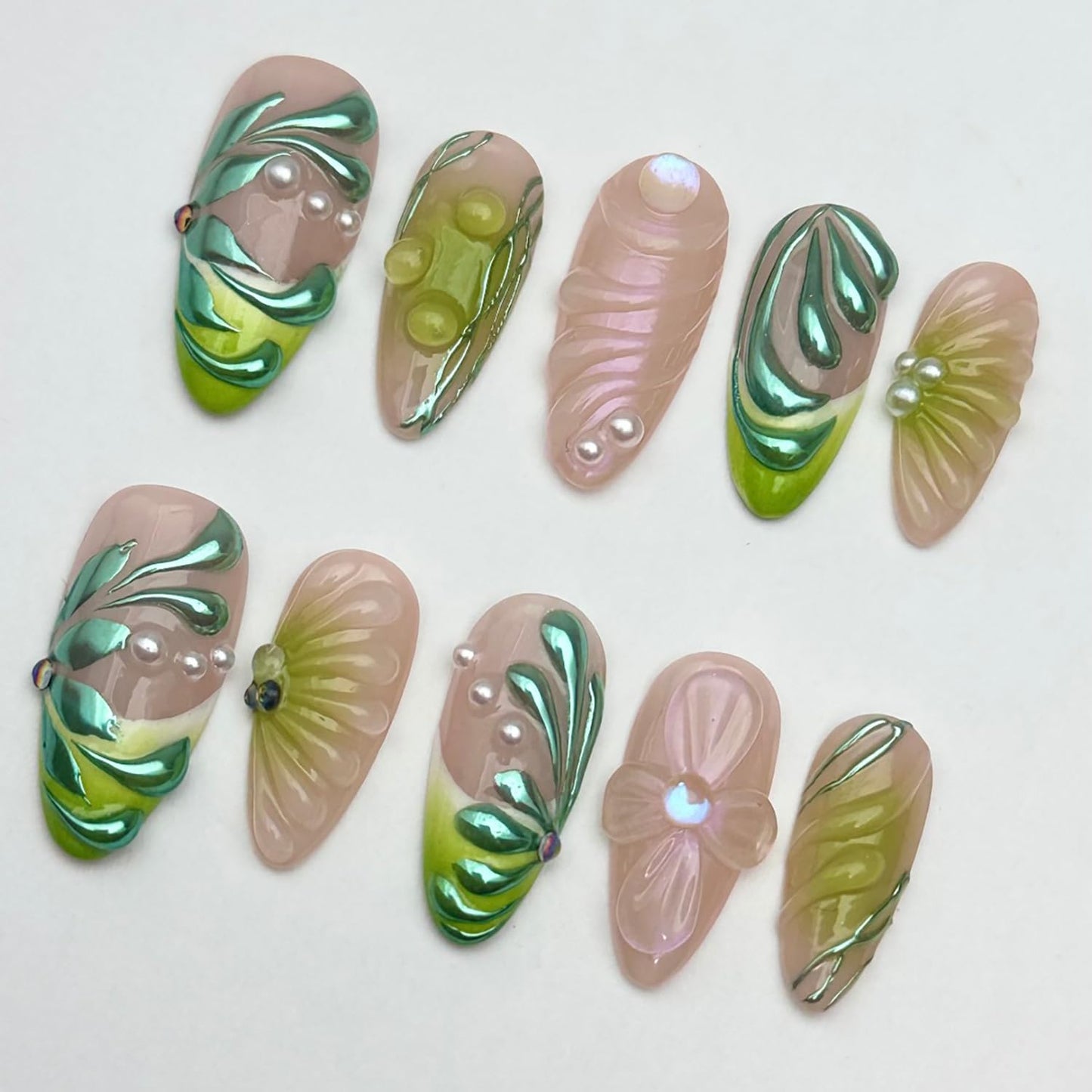OFDNE Luxury Press On Nails Medium Almond Handmade 3D Unique Reusable ABS Material False Nails Green with Designs Pearls Floral Art Petal Glossy Glue on Nails Thick Acrylic Nails (10 Pieces, 1 Set)