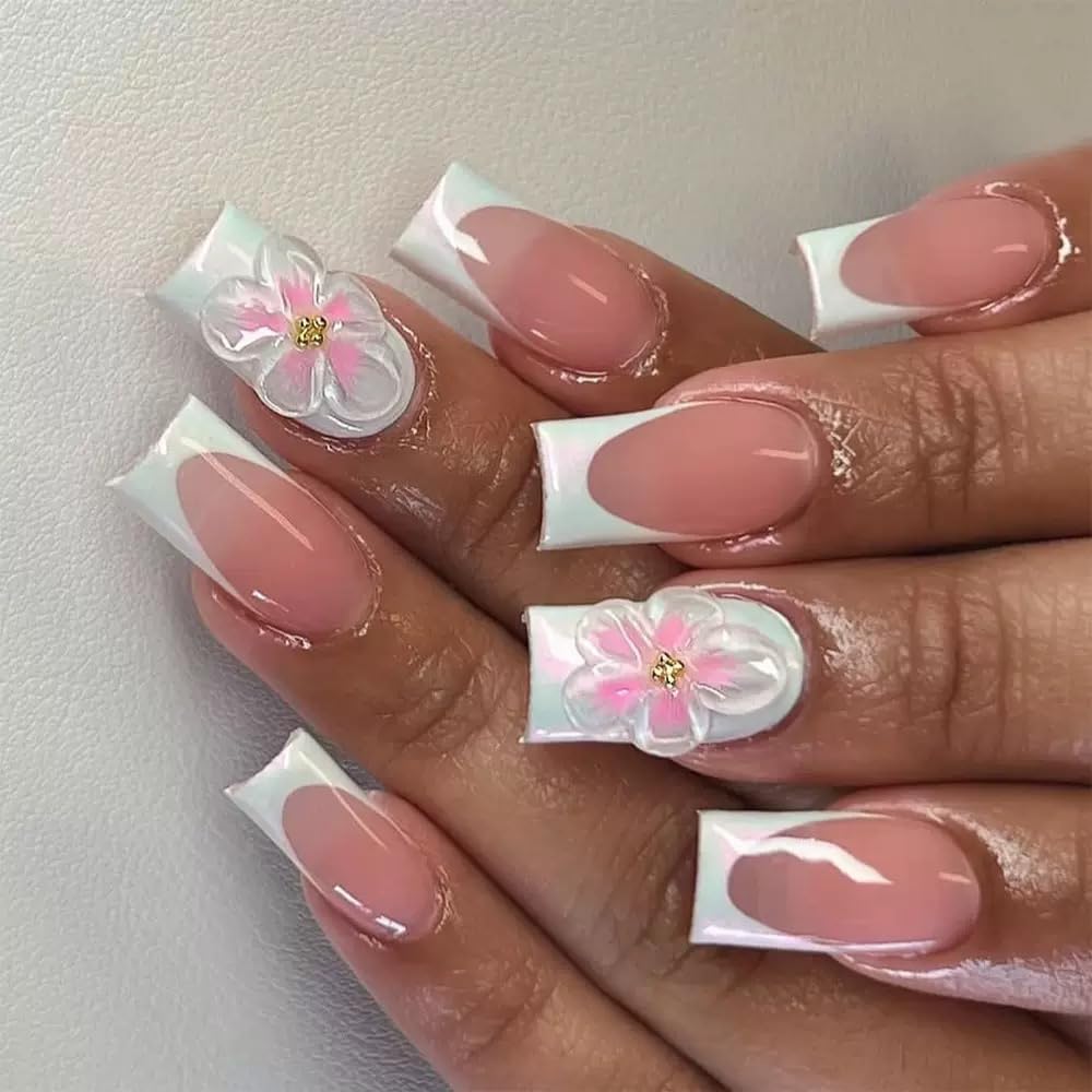 CTTHNBD Square Press on Nails - White French Tip Fake Nails with Flower Design - Ombre, Medium False Nails Press ons - for Women 24 Pcs