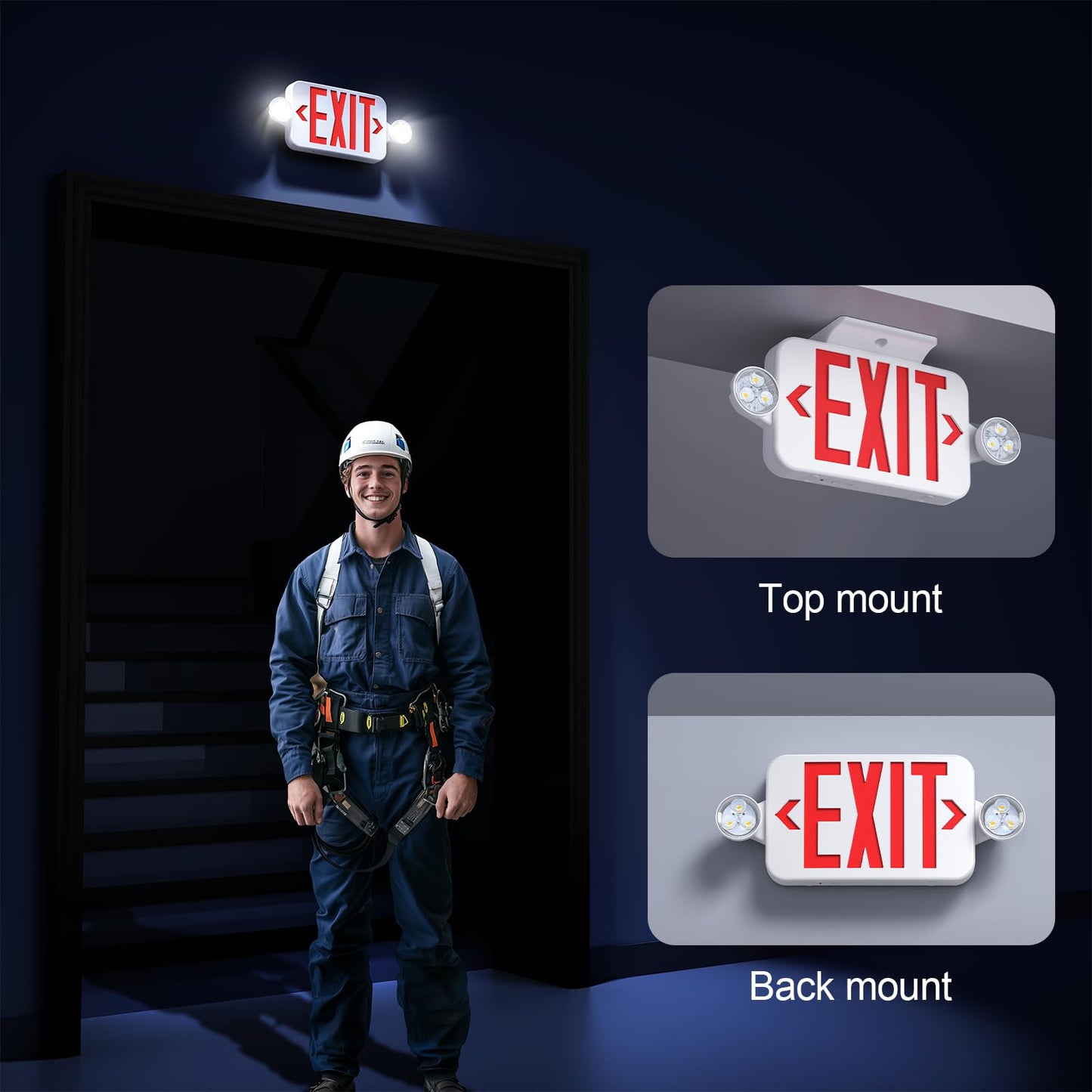 SASELUX Led Exit Sign Emergency Light Combo Adjustable Two Head,Double Sided and Battery Backup Exit Light,Red Letter Hardwired Emergency Exit Sign,AC 120/277V,UL Listed,Ceiling&Wall Mount (6 Pack)