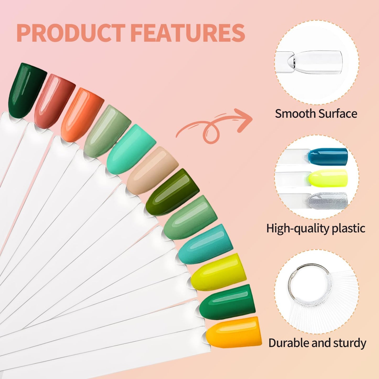 200 PCS Nail Swatch Sticks, Clear Plastic Nail Color Swatches with Metal Ring, False Fake Nail Art Tips Sticks for Gel Polish Display,Practice(Square Nail Sample Fan)