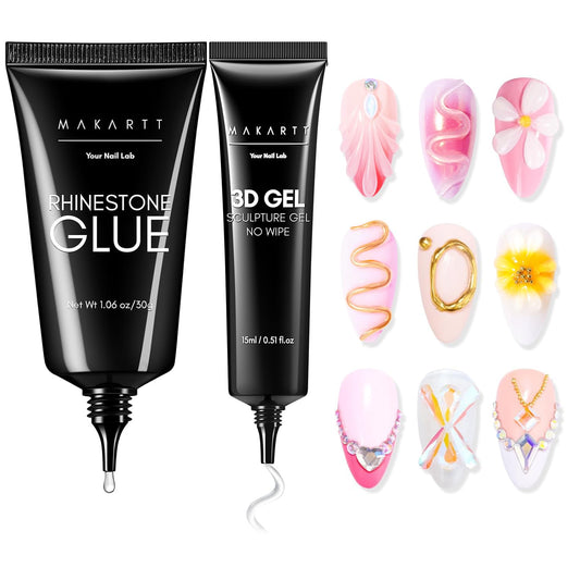 Makartt Nail Rhinestone Glue with 3D Gel Kit – Super Strong Nail Charm Glue & Sculpting Gel for DIY Nail Art, Drawing, Molding & Embossed Designs, Easy to Use for Nail Lovers & Beginners