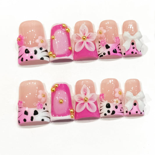 10 Pieces Luxury Acrylic Press On Nails Medium Handmade Duck Nails, Colorful Thickened French False Nails Leopard Print Flowers Design Reusable Acrylic Nails for Women (S)