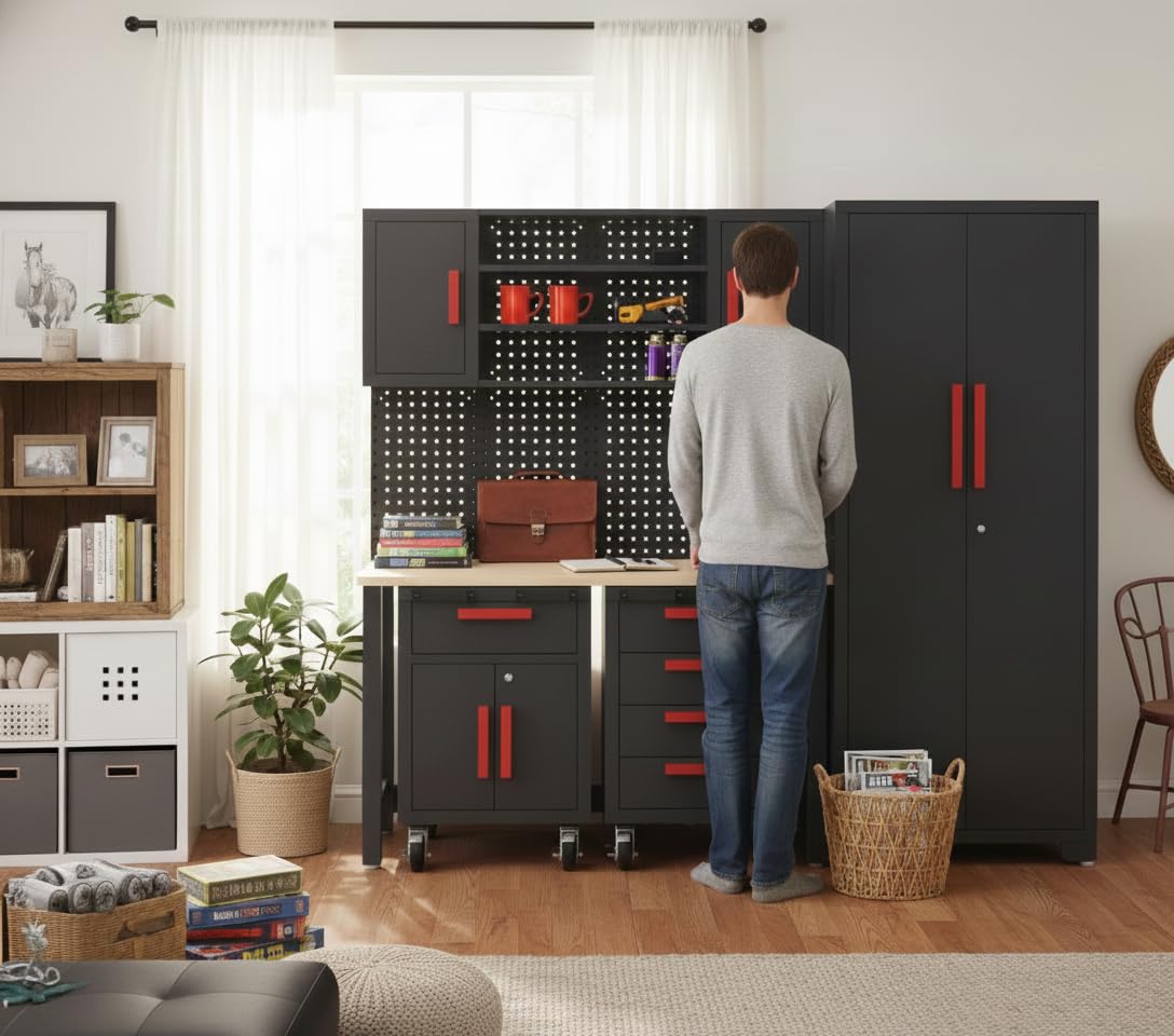 Tsnritor Garage Cabinets Storage System, 6PCS Workshop Set with Steel Cabinet Drawers, Rolling Chest, Workbench, Pegboard for Tool Organization,Grey Red