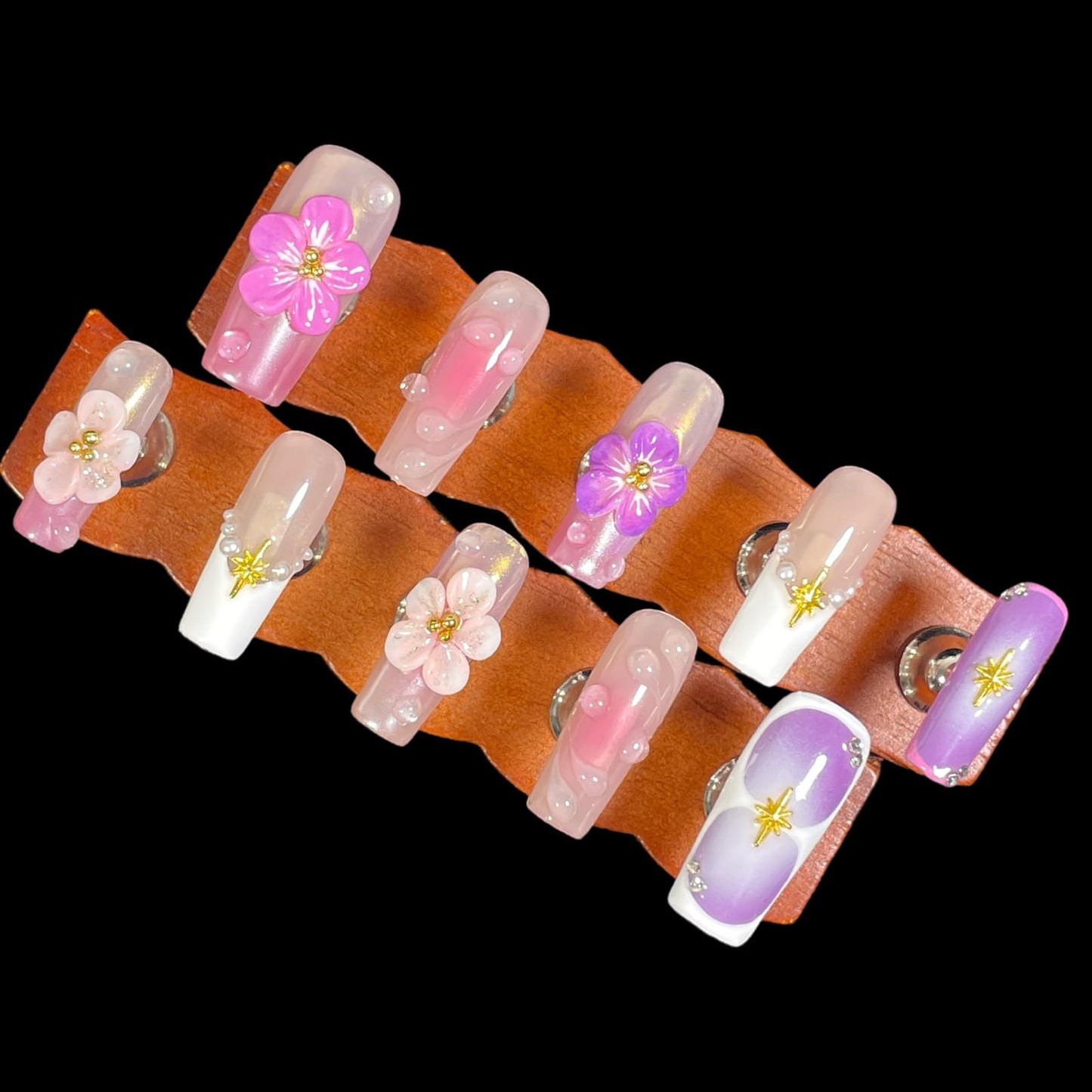 Handmade Press On Nails Medium/Long Square Pink 3D Sakura Design - Reusable French Acrylic Fake Nails with Gold Stars & Pearls, Luxury Cherry Blossom False Nails (Sakura, L)