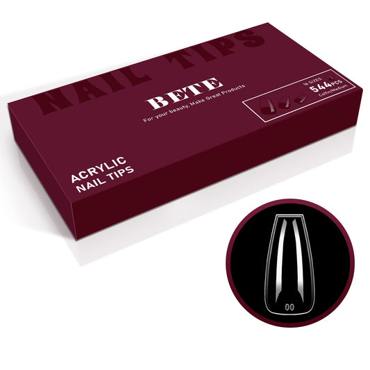 BETE Medium Coffin Clear Acrylic Nail Tips–544Pcs 16 Sizes with Half Sizes, Tipex Instant Apex Full Cover False Nails, Pre-Shaped Strong Thick Press On Nails for Home & DIY Manicure