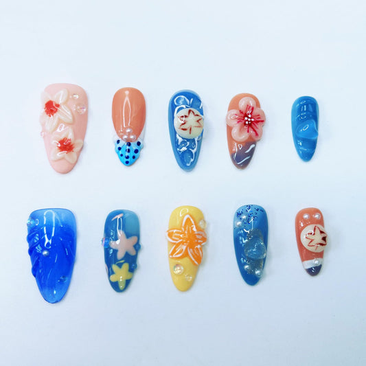 Handmade Press on Nails Medium Almond Fake Nails Summer Sea 3D Luxury Cute Flower Full Cover Stick on Nails Floral Glue on Nails for Women Girls (Blue Ocean M)
