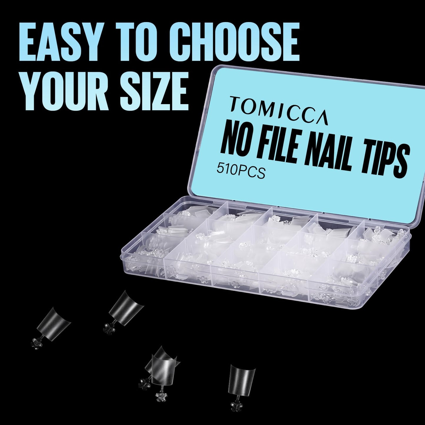 TOMICCA Short Coffin Nail Tips, 510Pcs Acrylic Half Cover Nail Tips, 12 Sizes No C Curve Full Matte Gel Nail Extension Tips for Beginner and Professional