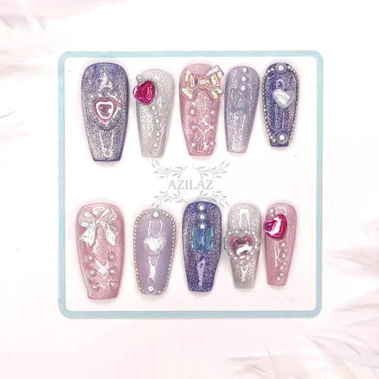 Azilaz Press On Nails, Handmade Medium Coffin Shaped, Lolita Sweety,Pink and Purple Glitter with Rhinestones, Lolita Y2K Style, 10-Piece Set (Large)