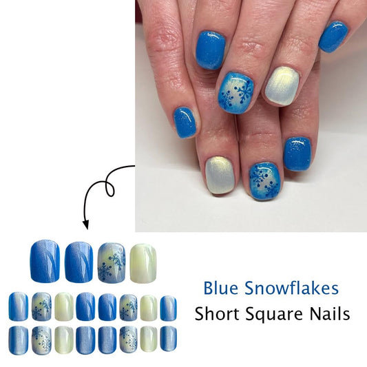 Christmas Blue Press on Nails Snowflake Short Fake Nails Winter Square Nails Press ons Full Cover Stick on Nail Xmas Reusable Acrylic Nail Bling Glue on Nails for Women 24Pcs