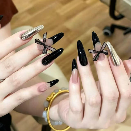 C.Z.Z.T.T.NAILS premium self-adhesive nail stickers, featuring black, gold, and nude French tip designs with bows. Includes 24 pointed, reusable press-on nails suitable for women, perfect for parties.