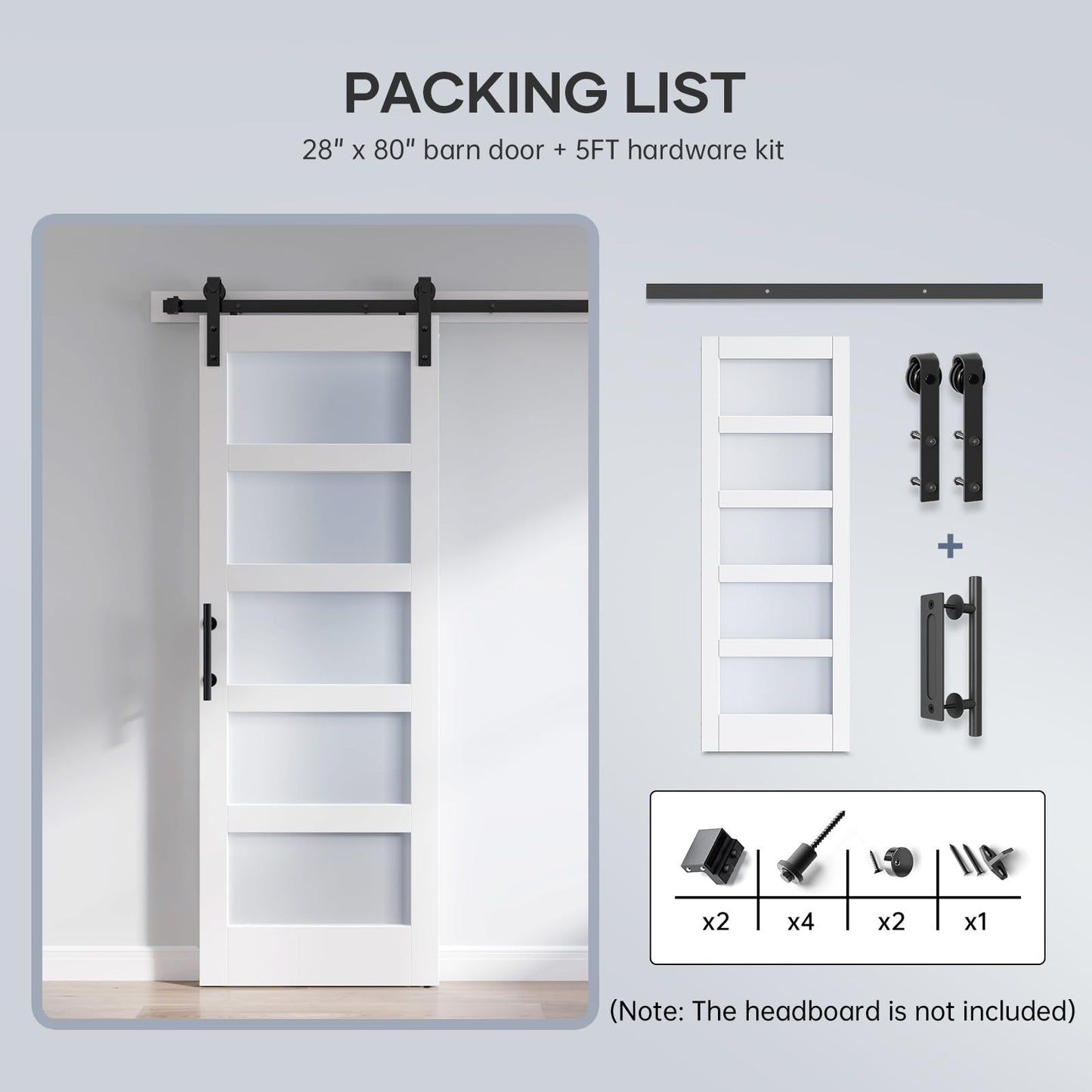 ROYMELO 28x80 Inch Glass Sliding Barn Door Slab and 5ft Hardware Kit Included, 5 Frosted Glass, LVL Wood Panel Covered with White Water-Proof Scratch-Proof PVC Surface, Simple DIY Assembly