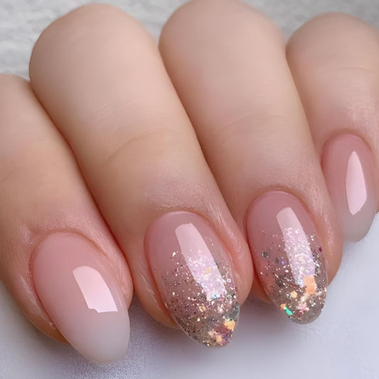 Hkanlre Almond Short Press on Nails Tips Full Cover Gradient Flower False Nails Sequins Pink Fake Nails for Women 24PCS