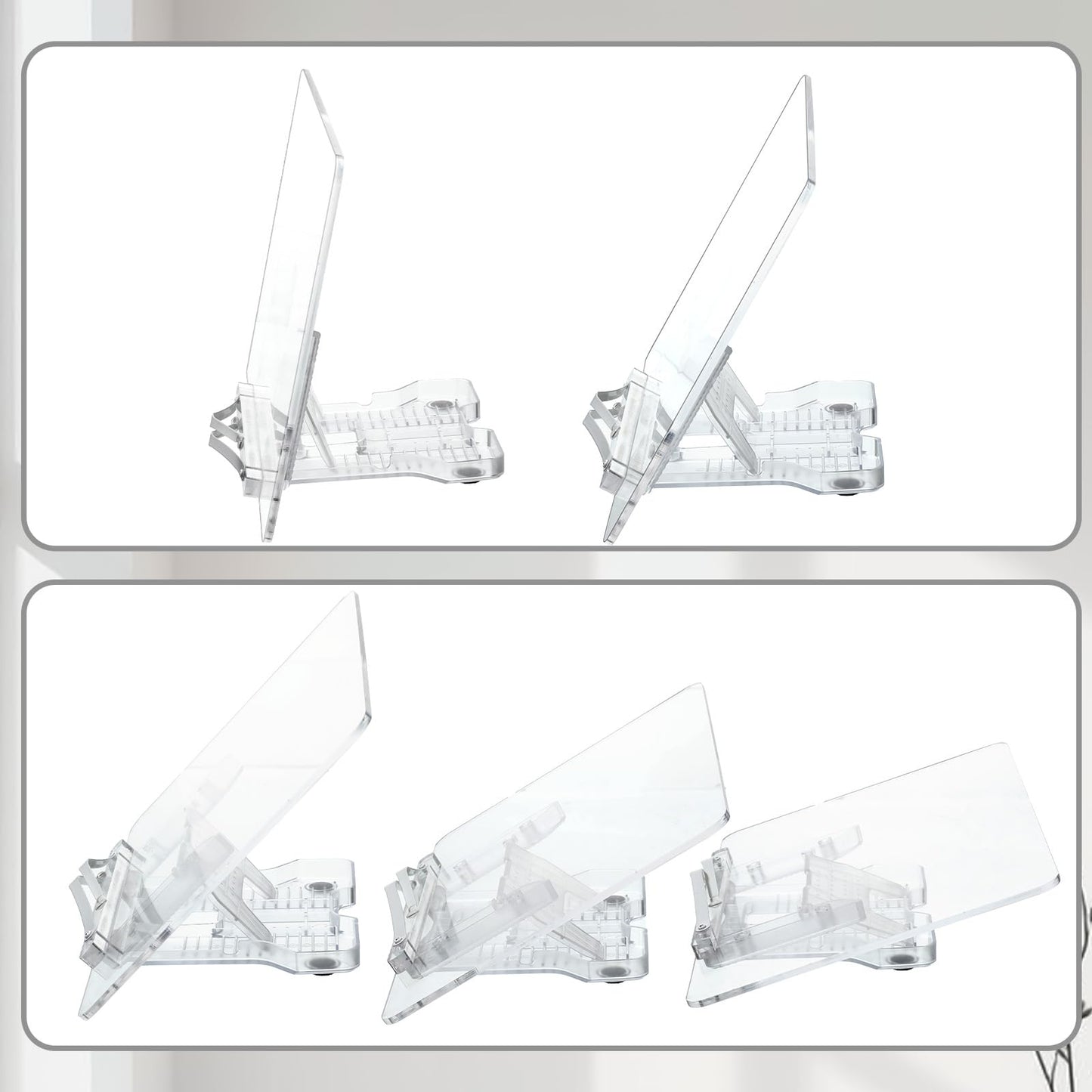 Oqqlin Adjustable Acrylic Book Stand, 13.3 x 9.4 Inch Adjustable Multi-Angle Book Display Stand Transparent Foldable Books Holder with Page Clip for Books, Magazines, Cookbook, Document, Recipe