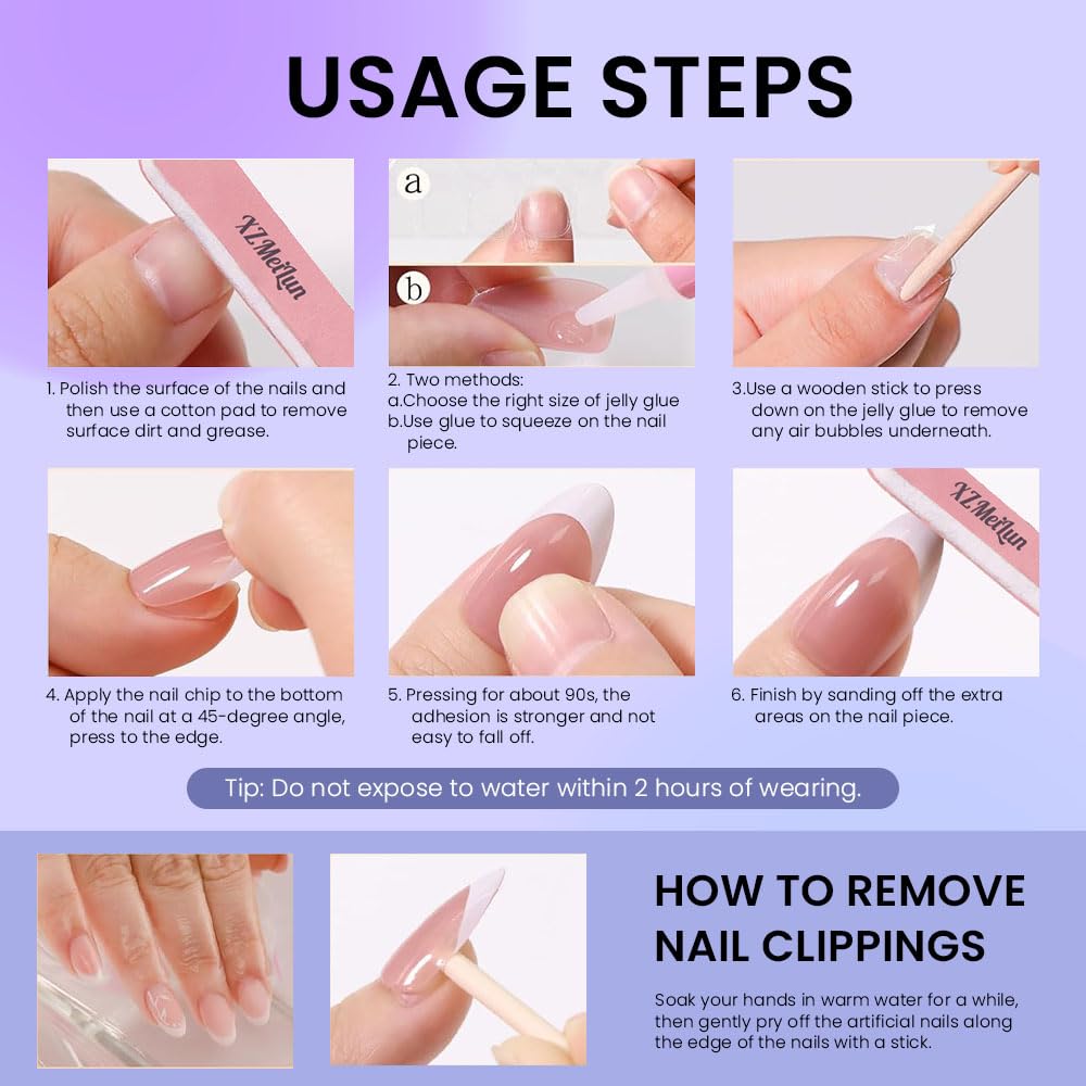 XZMeiLun Pink White Ombre Press on Nails, Short Square Acrylic Fake Nails Design, Natural Reusable Nails Kit for Women DIY False Nail Art Decoration Gift, Salon Quality Reusable 15/30 Pcs