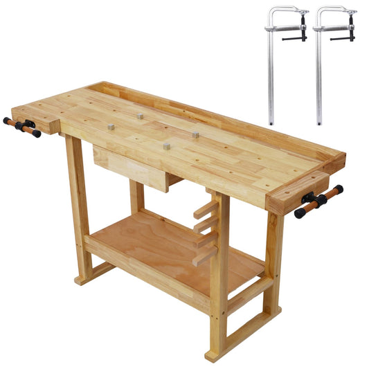 55-Inch Wood Workbench - Wooden Workbench for Garage Workshop and Home, with Clamps Set