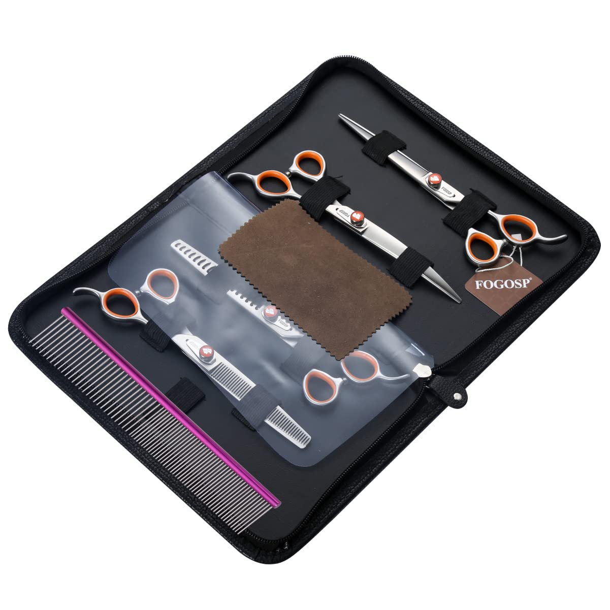 FOGOSP Professional Dog Grooming Scissors Kit Japan 440C Stainless Steel 7 in Curved Thinning Straight Chunker Shears and Comb 5pcs Set for Grooming Dogs Cat Pet