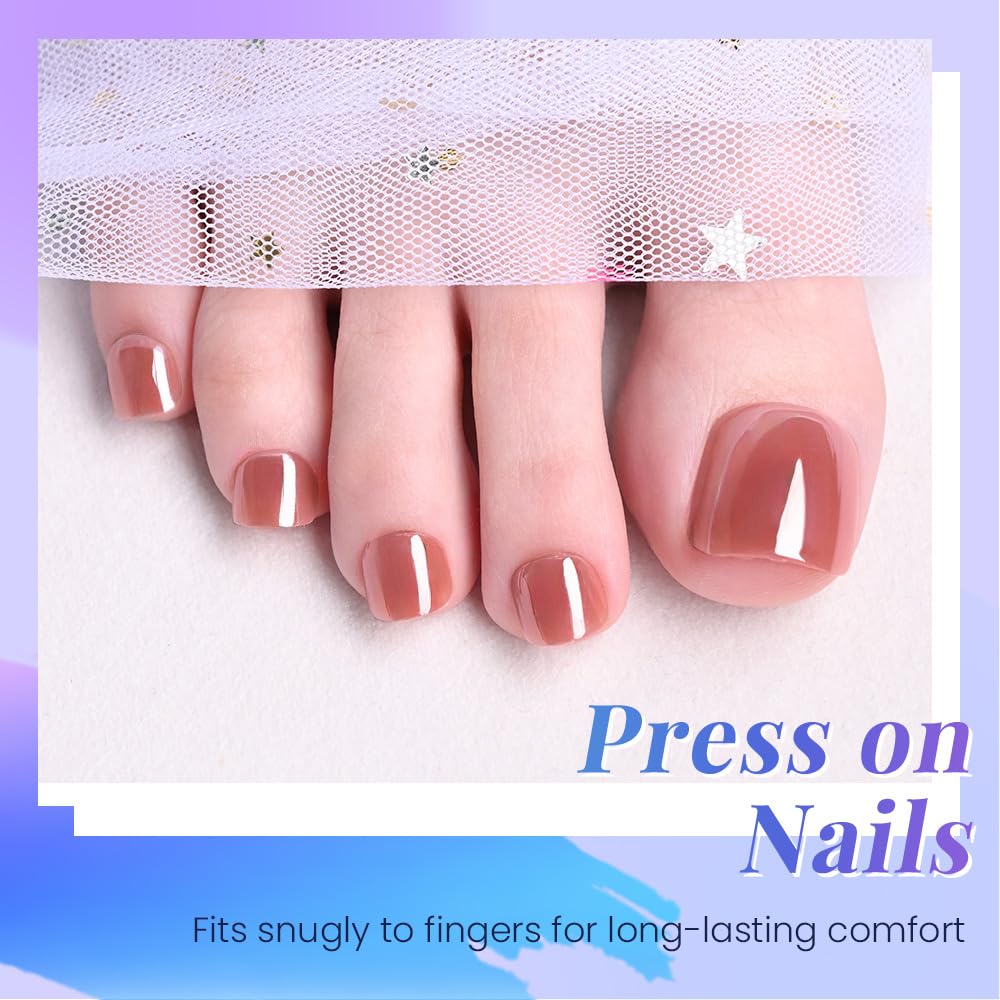 evpct Brown Glazed Press on Toenails Square for Women Gift, Glossy Square Fake Stick Press on Toe Nails, Soft Stick on Toenail Set with Kit, Lightweight Perfectly Fit Full Cover Fake Toenails 32Pcs