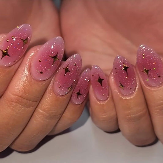 IMSOHOT Pink Press on Nails Medium Almond Fake Nails with Golden Star Designs Full Cover Glossy Acrylic False Nails Finger Manicure for Women Girls Ombre Cute Glitter Glue on Nails 24Pcs
