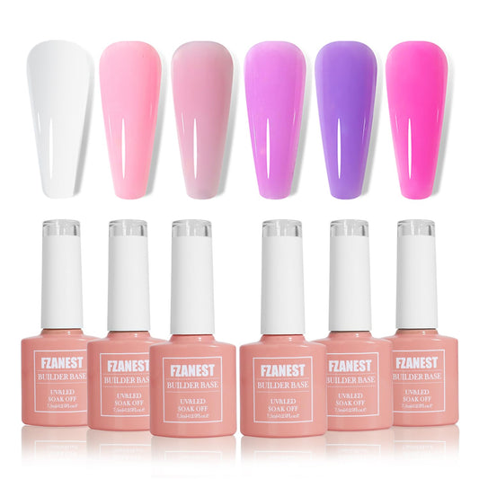 FZANEST Builder Gel Nail Kit, Milky White Sheer Jelly Nude Pink 6 Colors Rubber Base Builder Gel For Nails Strengthener Extension Gel Nail Art Salon Gift for Women