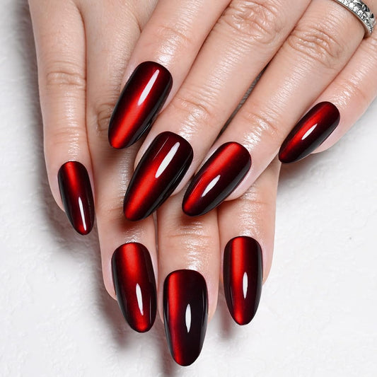 XZMeiLun Cat Eye Deep Red Press On Nails Almond Medium, Magnetic Acrylic Fake Nails Stylish Design, Salon-Quality Shiny Finish, Reusable Stick On Nails Kit for Women, Daily Wear (No Glue Included)