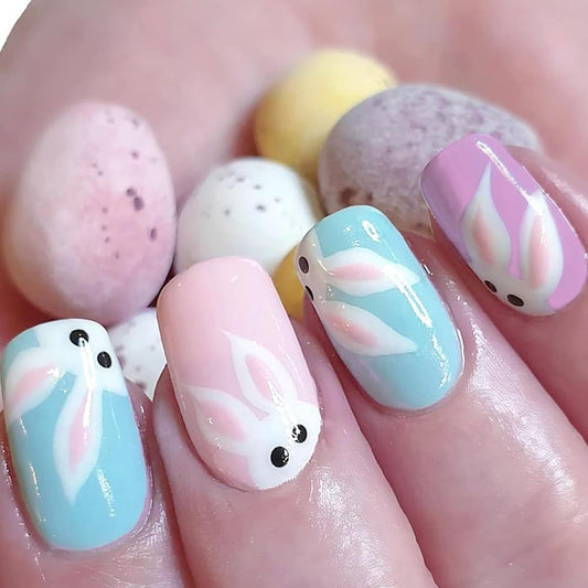 Easter Press on Nails Colorful Short Square Fake Nails with Rabbit Designs Full Cover Glossy Stick on Nails Cute Rabbit False Nails Easter Glue on Nails for Women and Girls Manicure Kit