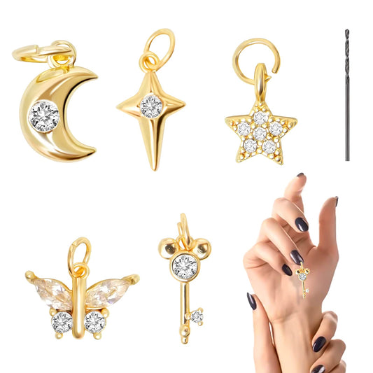 Rojwei 14K Gold Plated Nail Piercing Pendants and a Manual Drill, 5 pcs Metal 3d Nail Art Charms with Rhinestones, dangle bling decoration as Fingernail Jewelry Diy