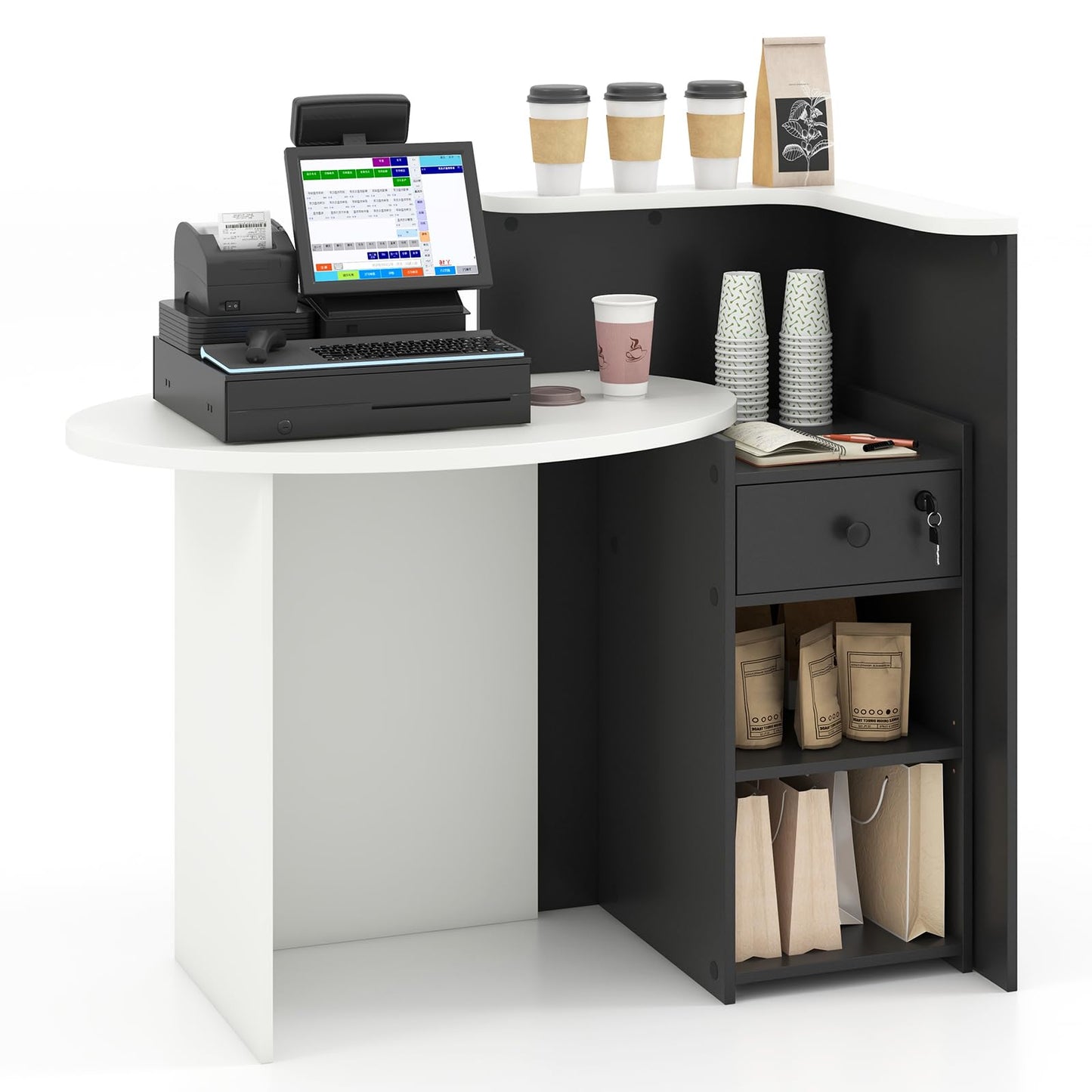 Giantex Reception Desk, Front Counter Desk with Lockable Drawer, Retail Counter Checkout Table with Round Tabletop, Corner Shelf & Adjustable Shelf for Office Beauty Salon Retail Store (Black)
