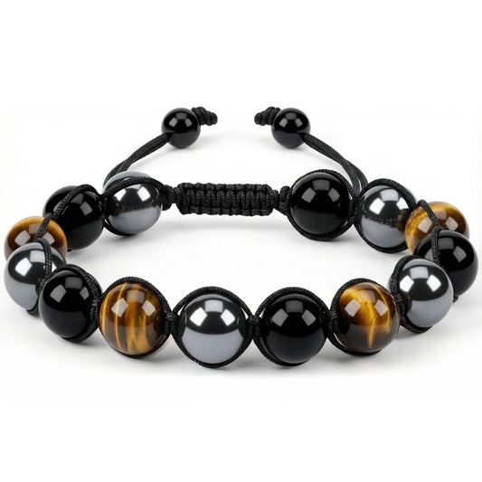 SFPJTL Natural Triple Protection Bracelet for Men - Real Tiger Eye, Hematite & Black Obsidian - Handmade Macrame Braided Adjustable Cord - Durable Healing Crystal Jewelry Gift for Dad Husband Son