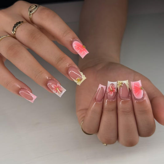 Spring Press On Nails MAGLFELL Handmade 10Pcs Short Fake Nails, 3D Carving Floral and Gold Plated Decoration Design, Reusable Acrylic Fingernail Salon Artificial Nails Kit (Size L)