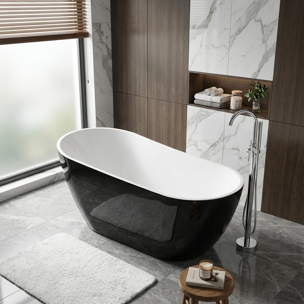 67" Freestanding Acrylic Bathtub, Deep Soaking Tub with Non-Slip Base & Chrome Drain, cUPC Certified, Easy Install, Space-Saving Bathtub, Modern Tub for Bathrooms, Black Upturned