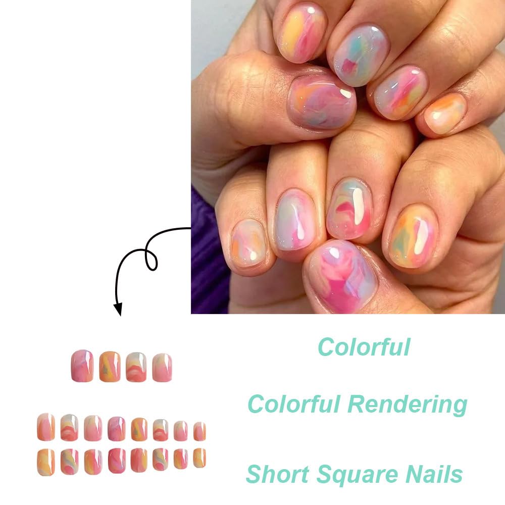 CTTHNBD Short Press on Nails Square - Ombre Fake Nails with Colorful Design - Cute, Glossy Stick on False Nails - for Women 24 Pcs