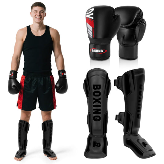 Kickboxing Shin Guards Muay Thai Shin Pads with 16 OZ Boxing Gloves, Adjustable Leg Guards with Instep Protection Shinguards with Workout Gloves Martial Arts Training Equipment for MMA Training(M)