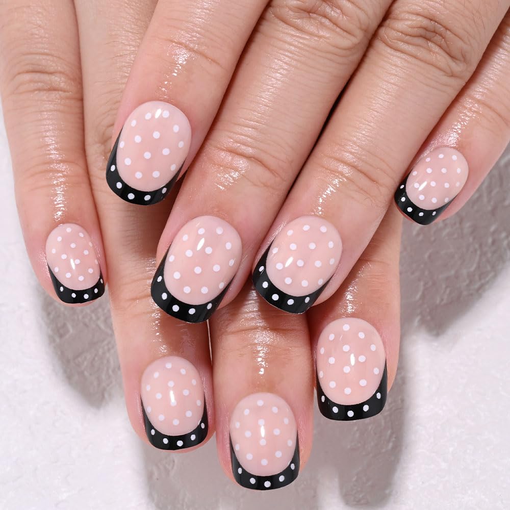 XZMeiLun Glossy Black Polka Dot French Tips Press On Nails Short Round – Salon-Quality Acrylic Fake Nails, Reusable Stick-Ons, Cute Mini DIY Kit | Spring Summer Nail & Girlss for Women & Daily/Party