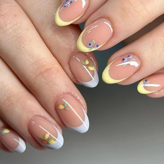 Fruit Press on Nails Short Almond Fake Nails Blue Yellow French Tip Nails Press ons with Blueberry Lemon Design Reusable Artificial Nails Full Cover Stick on Nails for Women Manicure 24Pcs