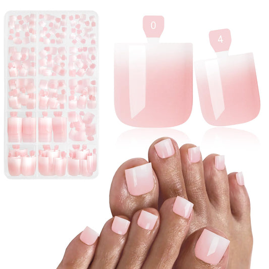 Bellelfin Ombre Press On Toenails For Women with Nail Adhesive Tabs, 150 Pcs Light Pink Ombre Toe Nail Press Ons, Short Square Toenail Press On, 15 Sizes Full Cover Acrylic Fake Toe Nails