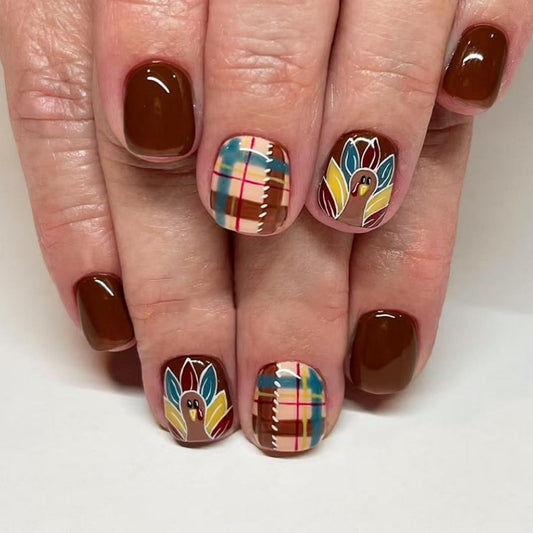 24pcs Thanksgiving Press on Nails Short Square Fake Nails Full Cover Brown False Nails with Stripe Grid designs Turkey Fall Glue on Nails Glossy Reusable Cute Acrylic Press ones for Women Girls Autumn