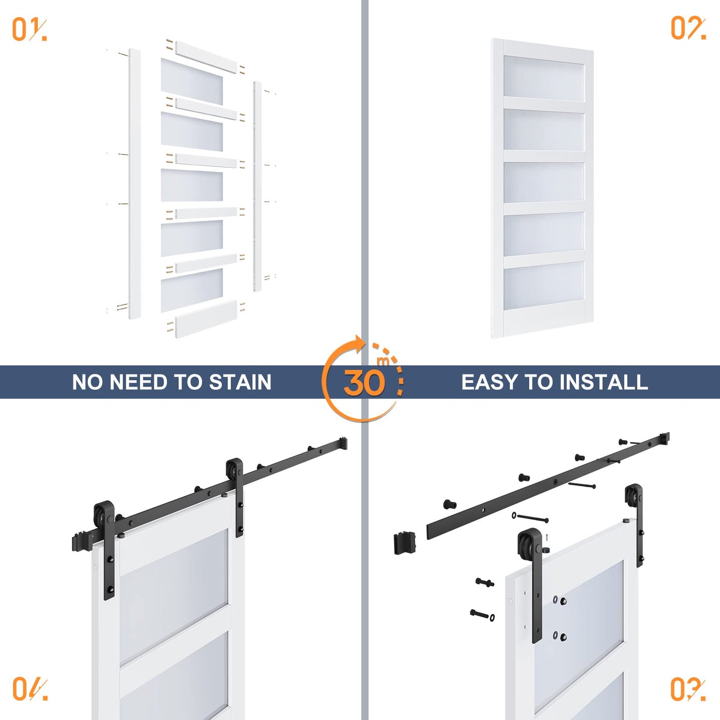 ROYMELO 32x96 Inch Glass Sliding Barn Door Slab and 5.5ft Hardware Kit Included, 5 Frosted Glass, LVL Wood Panel Covered with White Water-Proof Scratch-Proof PVC Surface, Simple DIY Assembly