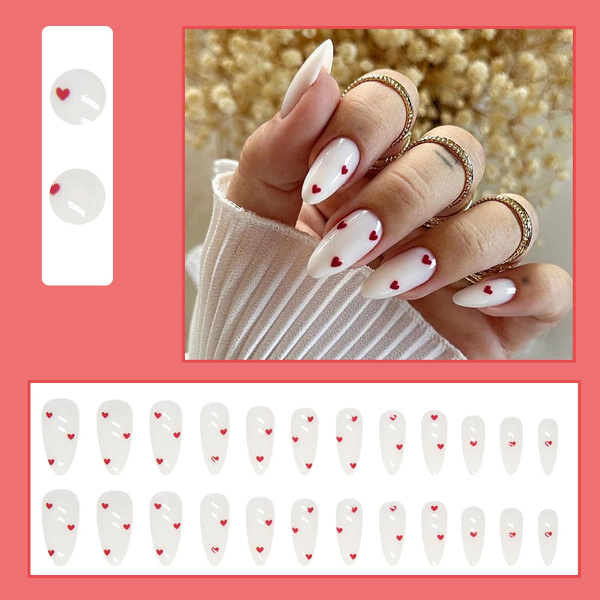 24Pcs Valentines Press on Nails Medium Almond Fake Nails Milky White False Nail Tip Kit with Red Heart Designs Cute Glue on Nails Full Cover Acrylic Stick on Nail for Women Girlfriend Gift