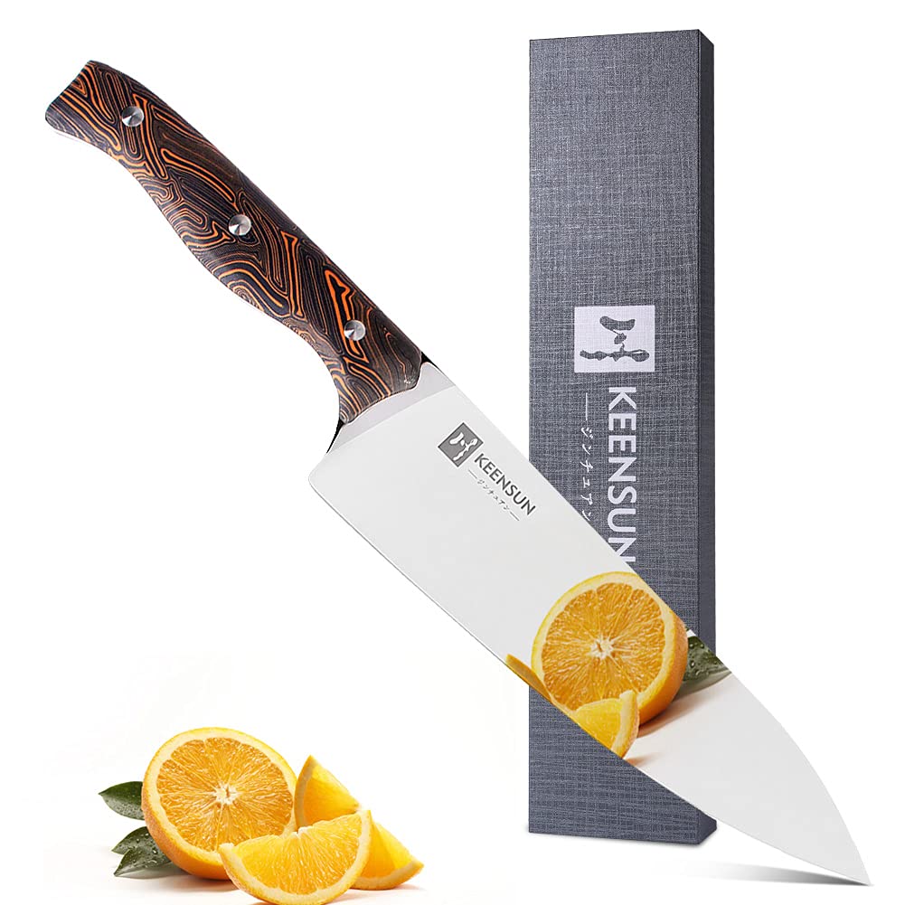KEENSUN Chef Knife - 8 Inch Professional Kitchen Knife Rust Resistant VG10 Stainless Steel Ultra Sharp Chef Kitchen Knife,Orange-Black Damascus Pattern G10 Handle and Mirror Polished Blade