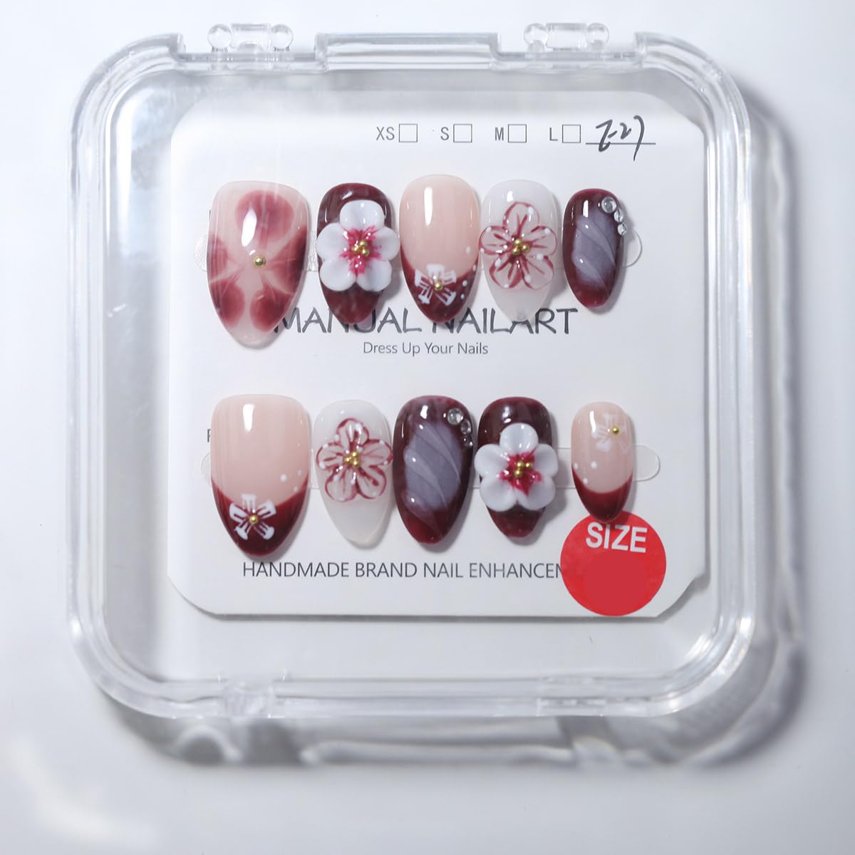 10Pcs Short Almond Handmade Press On Nails | Nude Pink & Burgundy Ombre with 3D Floral & Rhinestone Decor | Reusable Salon-Quality Fake Nails for Women and Girls (251209, XS)