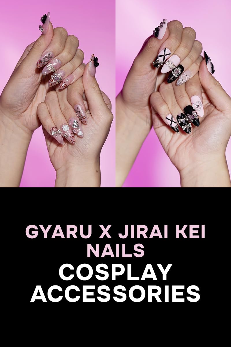 Gyaru Glam Leopard Print Press-On Nails – Kawaii Cosplay Nails with Glitter, Bows & Charms - Costume Accessory (Gyaru, L)