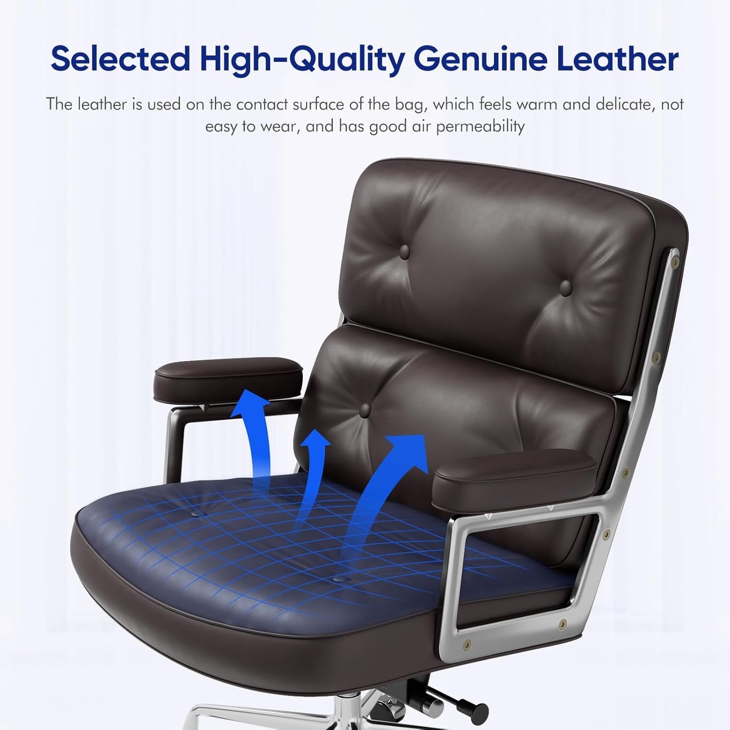 Genuine Leather Office Chair, Padded Mid Back Conference Desk Chair with Aluminum Arms and Leg, Executive Swivel Leather Chairs with Wheels, Thickened Backrest and Ergonomic Lumbar Support, Brown