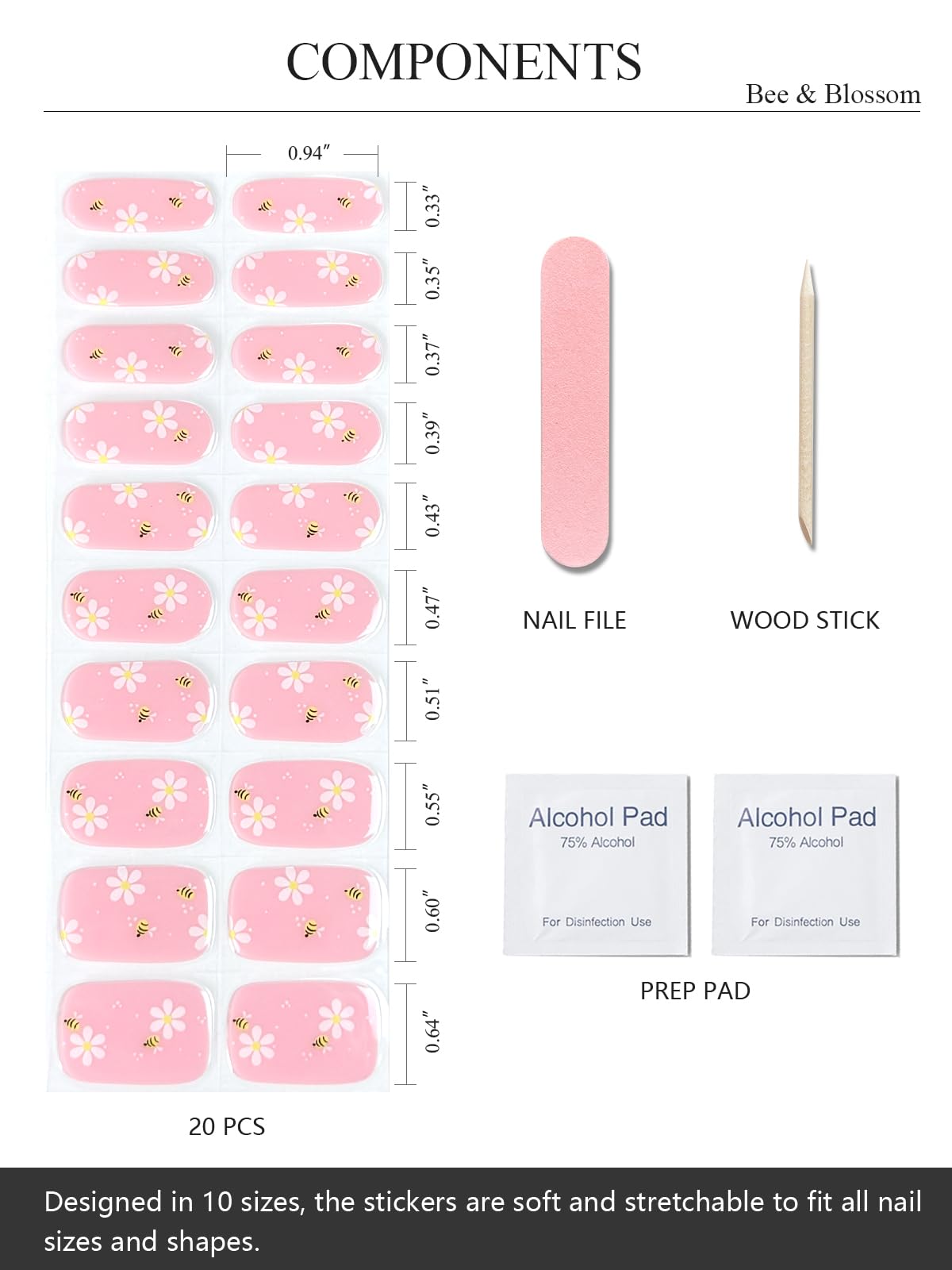 AutyaMee Semi Cured Gel Nail Strips (Bee & Blossom), 20 Pcs Gel Nail Wraps, Stickers, Nude Pink, Salon Quality, Works with Any UV Lamps