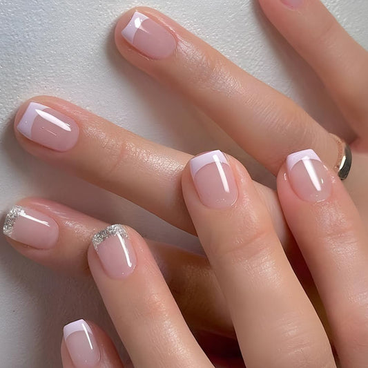 24Pcs White French Tip Press on Nails Short Square Fake Nails with French Glitter Designs Glossy Nail Tips Cute Full Cover Acrylic Nails Artificial Nude False Nails Natural Glue on Nails for Women