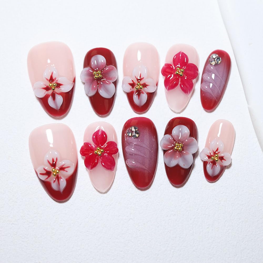 10 short Almond Handmade Press On Nails | 3D Floral Red & Nude Romantic Cherry Blossom Design with Rhinestones,New styles | Skip Salon Trips, Easy to Apply & Remove, Reusable (251108, XS)